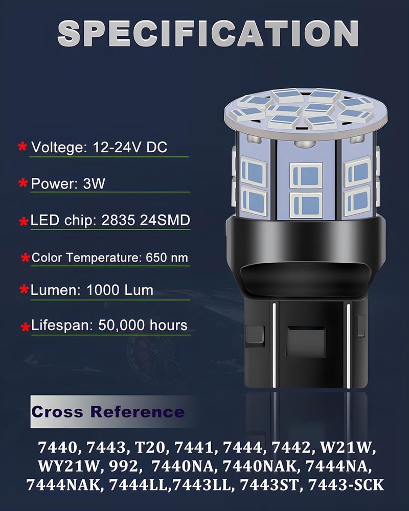 LEDYOTRY 7443 7440 لمبة LED حمراء لمصابيح الفرامل الخلفية، 12V-24V ساطعة للغاية واستهلاك منخفض لمبة 7441 7444 W21W T20 بديل لمصابيح الفرامل، مصابيح خلفية، مصابيح إشارة التوقف، عبوة من 2 - Image 2